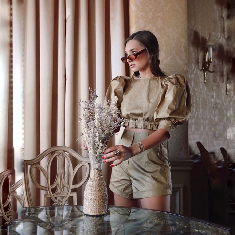 New Danielle Bernstein SET khaki dot puff sleeve top XS high waist shorts 4 NWT - Picture 5 of 5